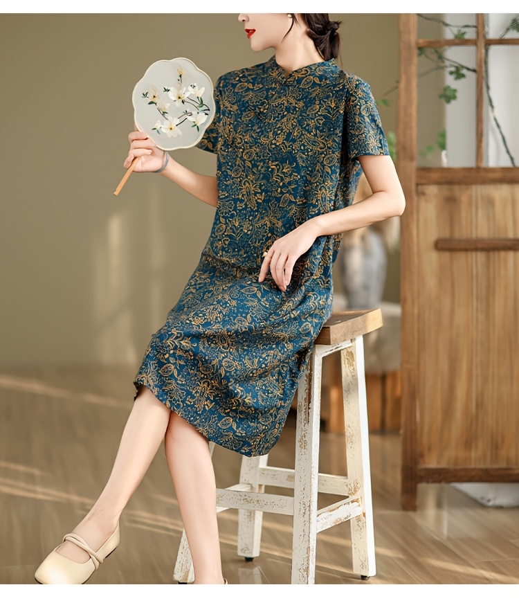 chinese dress knee length womens vintage qipao loose a line long linen slip