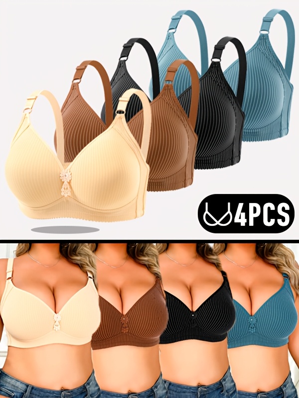 4-delige set plus size gestreepte en effen comfortabele bh's | Ademend, zonder beugel, elegante stijl met geometrisch patroon voor lente en zomer