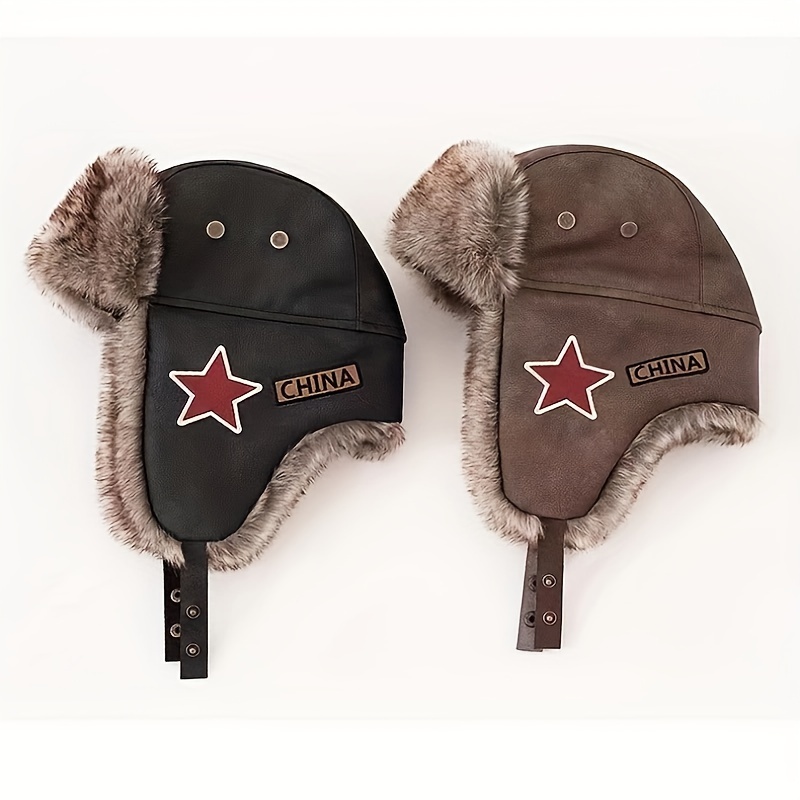 

Faux Fur-lined Faux Leather Bomber Hat With Ear Flaps - Star Embroidery, Windproof & Warm For Winter Outdoor Activities