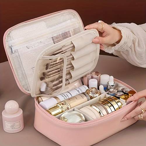 multi layer large capacity removable cosmetic bag synthetic synthetic leather travel cosmetic storage box with brush storage universal portable storage bag suitable for men and women