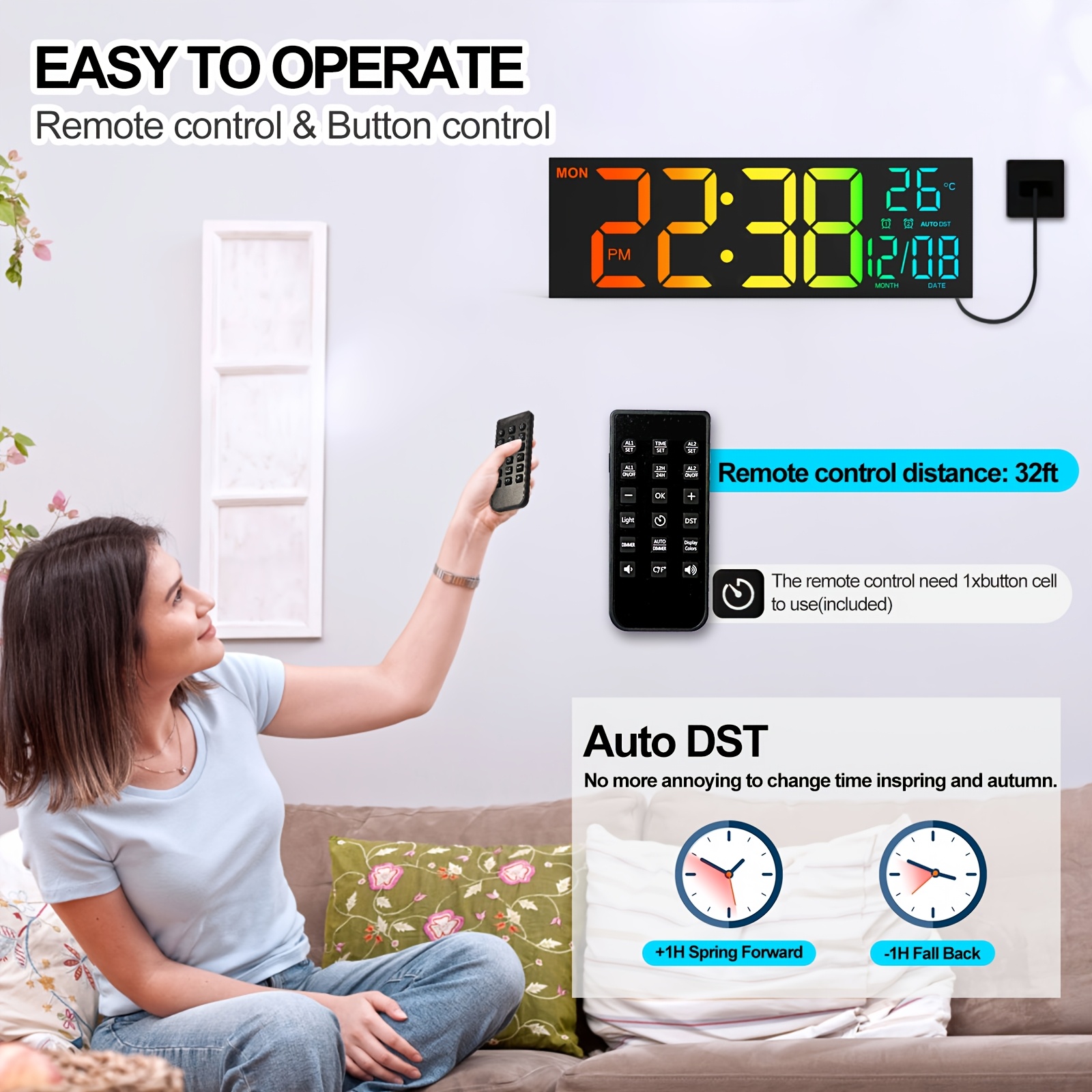 1pc Simple 40.64 cm Large Digital Wall Clock, Remote Control, Double Alarm Clock, 8 RGB Colors, DST Switch, Adjustable Brightness, Square Design Room and Bedroom Decor, Home Clock. (powered by USB)