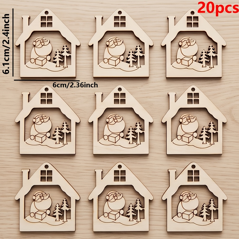 TEMU 20 piezas de adornos de madera con forma de casa de Navidad y Papá Noel, decoraciones de silueta de serie navideña de madera sin terminar con