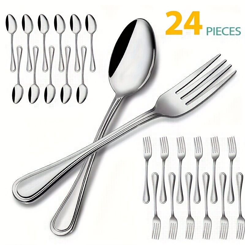 

24pcs Forks And Spoons, Silvery Flatware Set - 12 Forks And 12 Spoons For Home, Kitchen, Restaurant, Hotel, Dishwasher Safe.