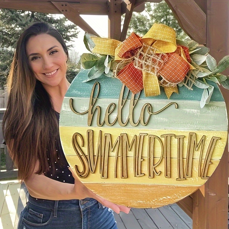 

1pcp Rustic Wooden Round Sign "hello Summertime", 11.8 Inches Festive 3d Holiday Wall Decor With Greenery Accents And Yellow Bow For Home & Outdoor Use