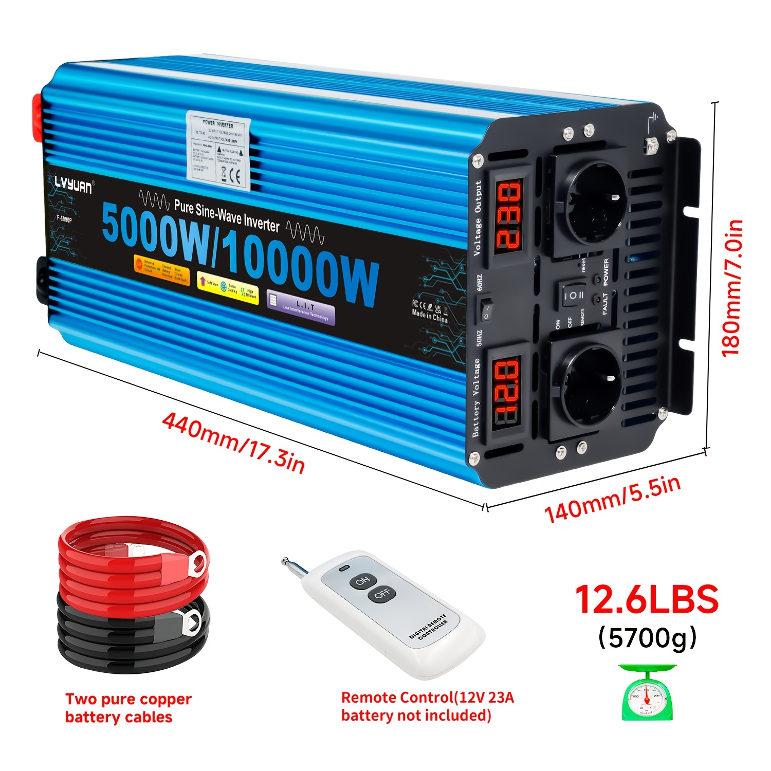 TEMU Inversor de Corriente 5000W/10000W (Pico) Inversor Senoidal , Convierte 12V/24V a 220V-240V AC, /60Hz, con 4 Salidas de Corriente AC y Pantalla