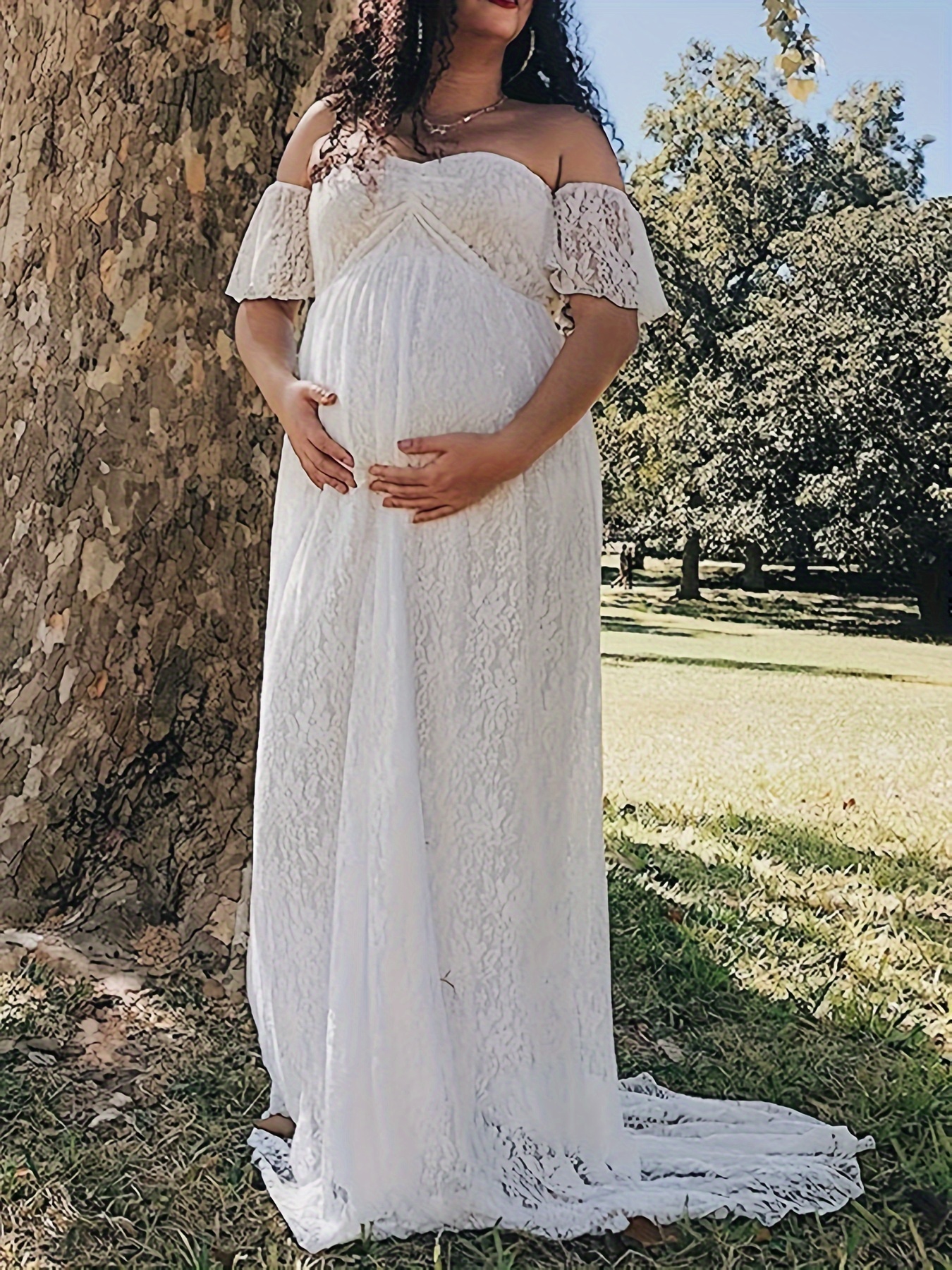 chinese dress ladies Off White Off Shoulder Gold Mesh Maternity Maxi Dress