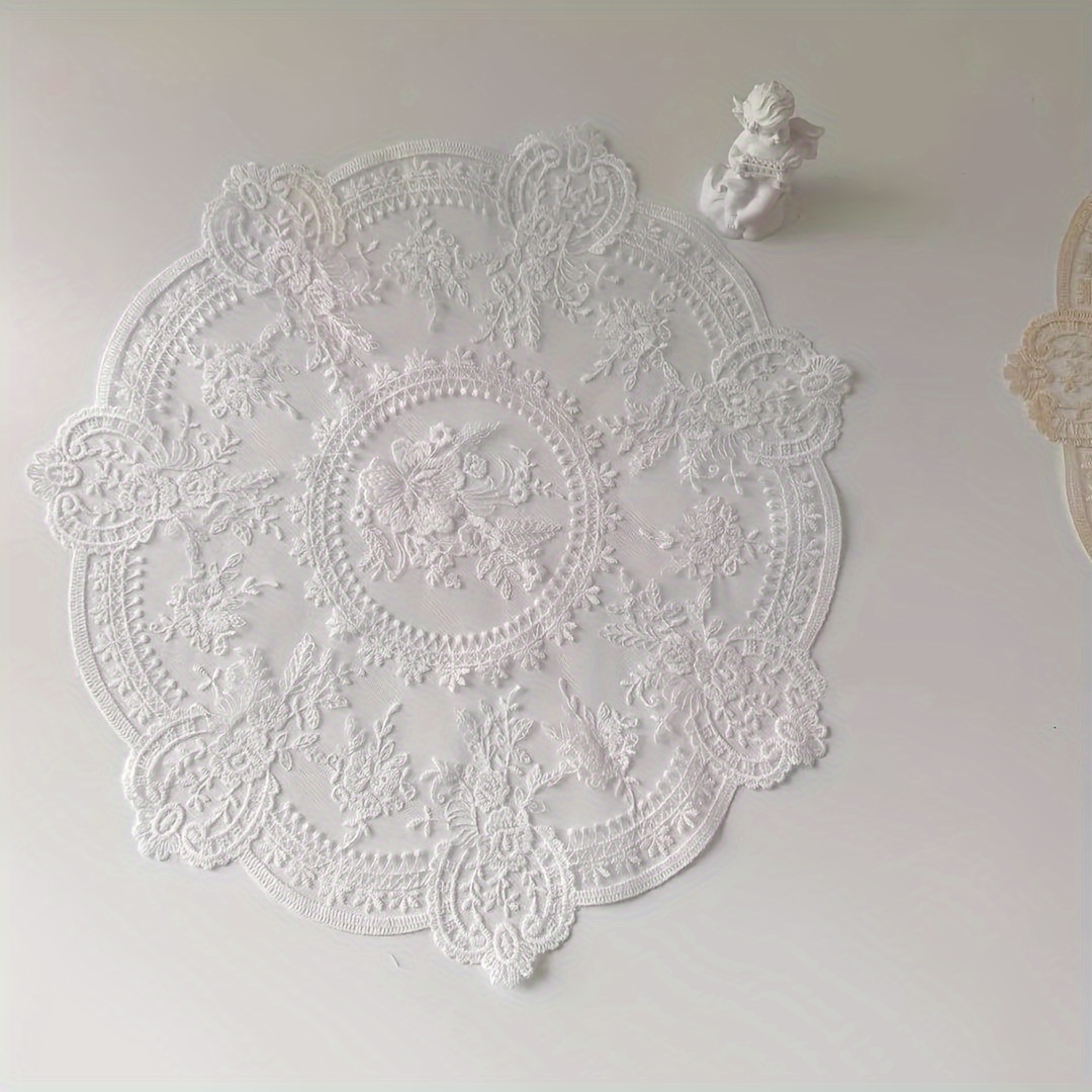 2pcs, Round Lace Placemats, Hollow Out Design Woven Coffee Table Pad, Desktop Tea Coaster, Heat Insulation Table Mat, Vintage Bedside Cabinet Decoration, Room Decor