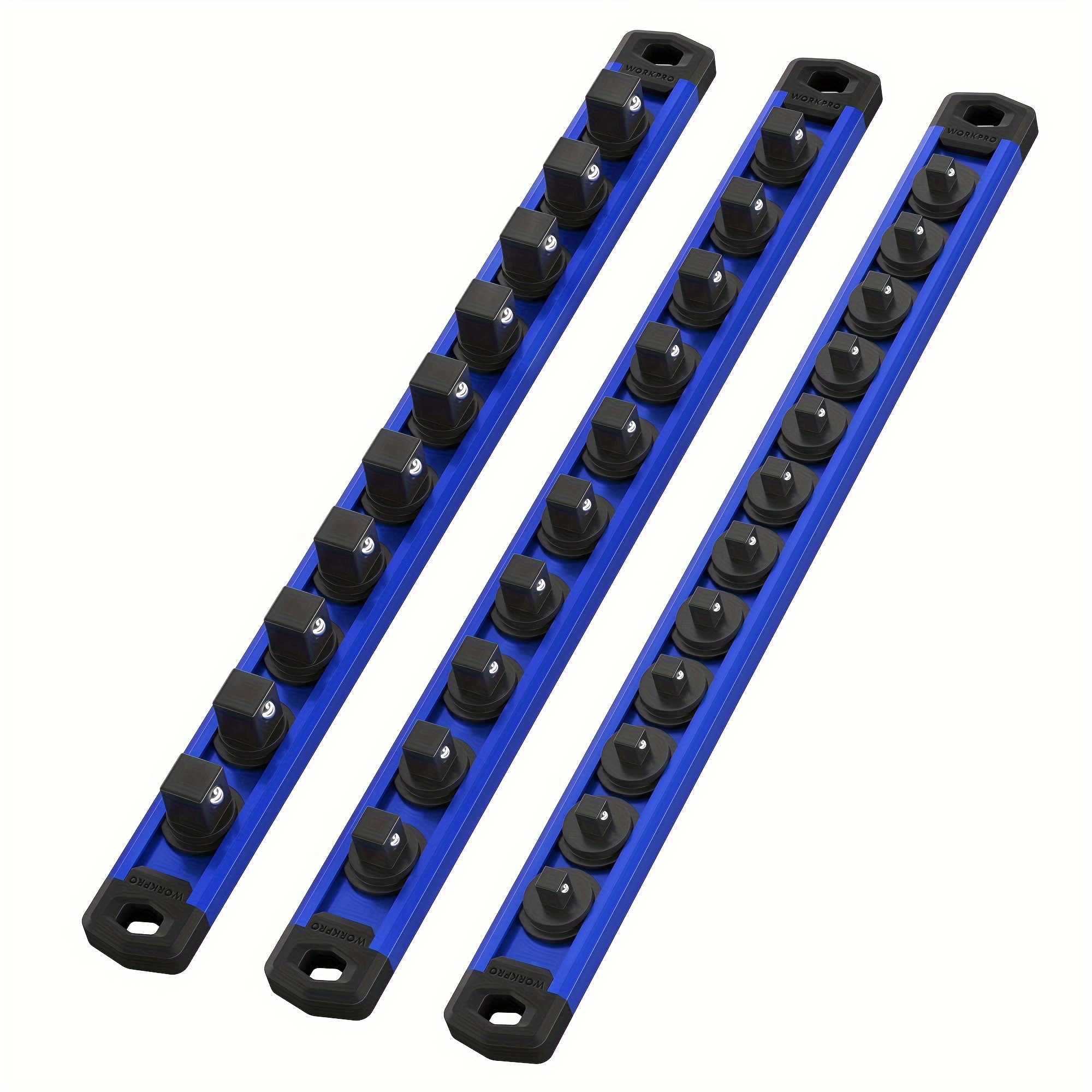 

Workpro Magnetic Socket Organizer Set, 3-piece Aluminum Alloy Socket Rail, Heavy Duty Socket Holder, Socket Rack Kit 1/4-inch X 12 Clips, 3/8-inch X 10 Clips, 1/2-inch X 10 Clips (blue)
