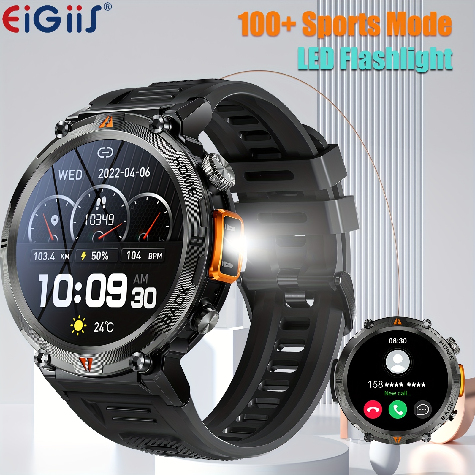 

Eigiis Smart Watch For Men With Led Lighting, Wireless Calling (answer/make Calls), Outdoor Sports Watch With Weather, Remote Photo, Music Control, Smartwatch For Iphone&android Phone