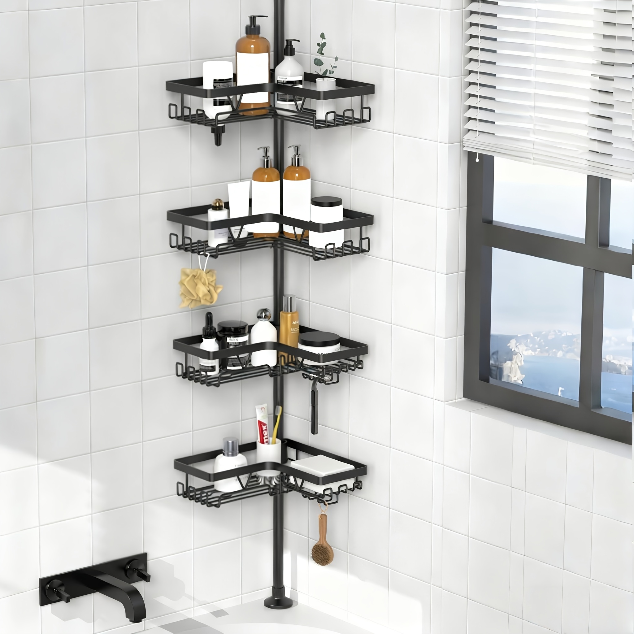 E-shop Ein robustes und hohes Eckregal für das Badezimmer, ein verstellbares Dusch-Eckregal, das kein Bohren erfordert, mit einem 4-stöckigen,