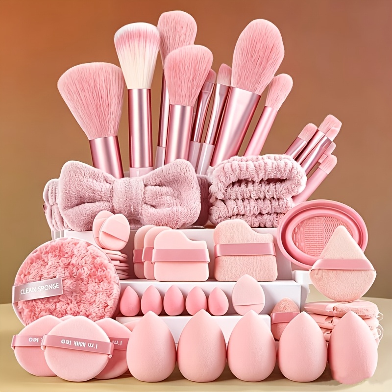 imagen del artículo set de maquillaje todo en     que   13 brochas rosas + 2 borlas triangulares + 1 borla redonda + bolsa de almacenamiento, brochas  , esponjas de belleza, borlas y artículos adicionales para satisfacer   tus necesidades de belleza, haciéndolo    , desde