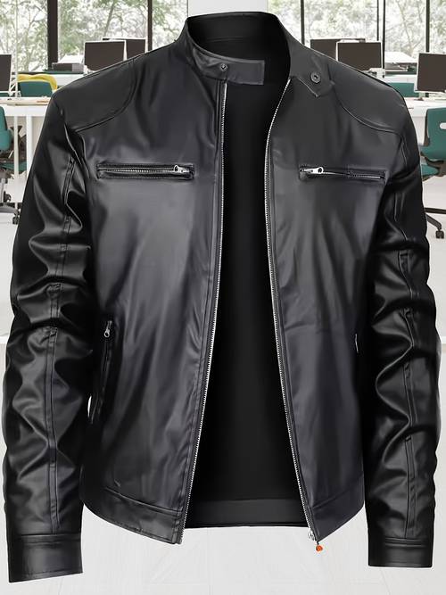 mens retro stand collar fit jacket with zippered pockets ribbed cuffs waistband polyester lining casual streetwear outerwear casual attire snap button detail plus size
