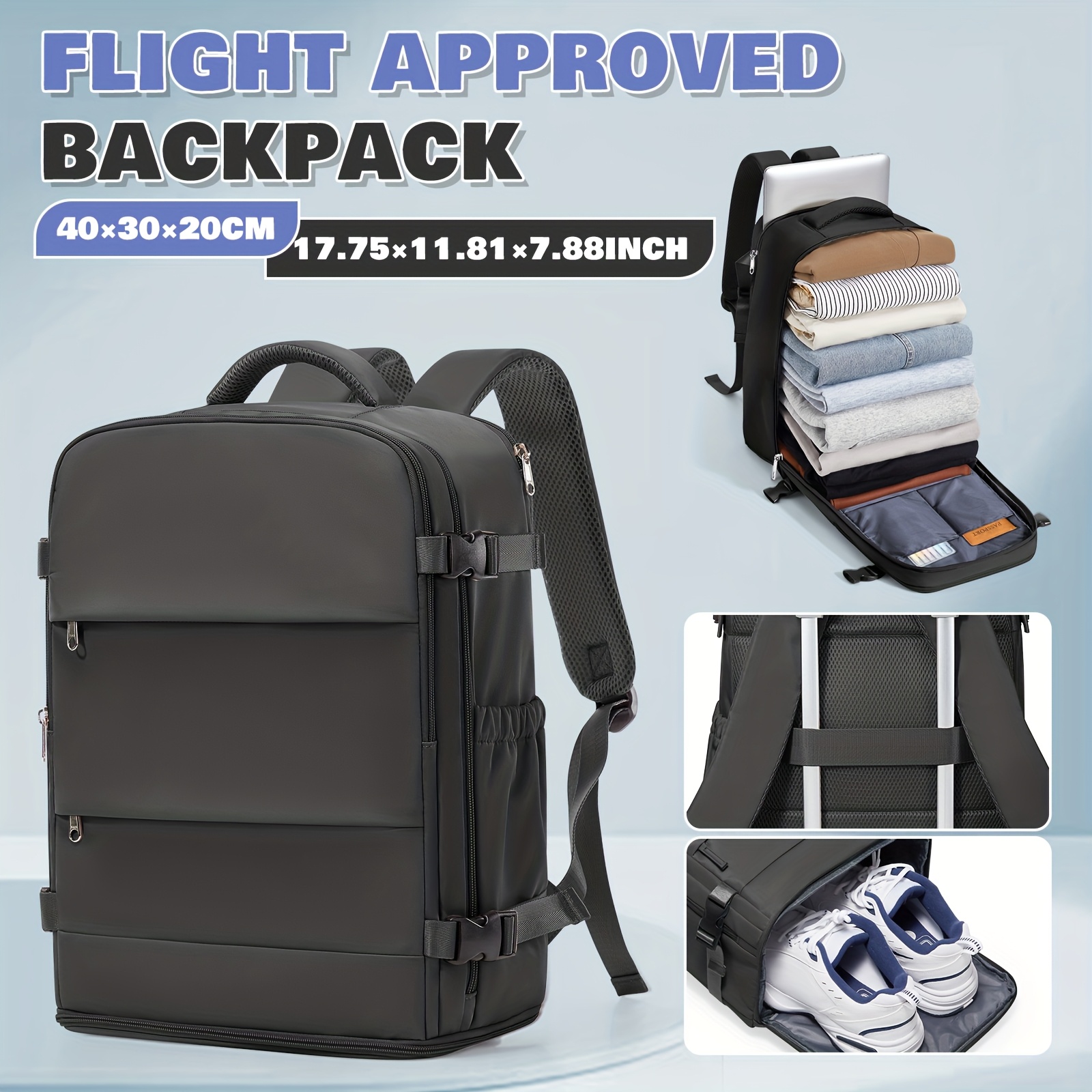 TEMU Ryanair Approved Travel Backpack, 40x30x20cm Carry On Bag For , Large Capacity Laptop Backpack With Shoe Compartment, Business Weekender Bag,