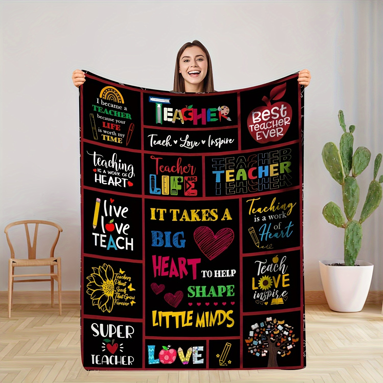 TEMU Teacher Appreciation Blanket - Charming Print, Machine Washable, Comfort, Stain-resistant, Versatile Use