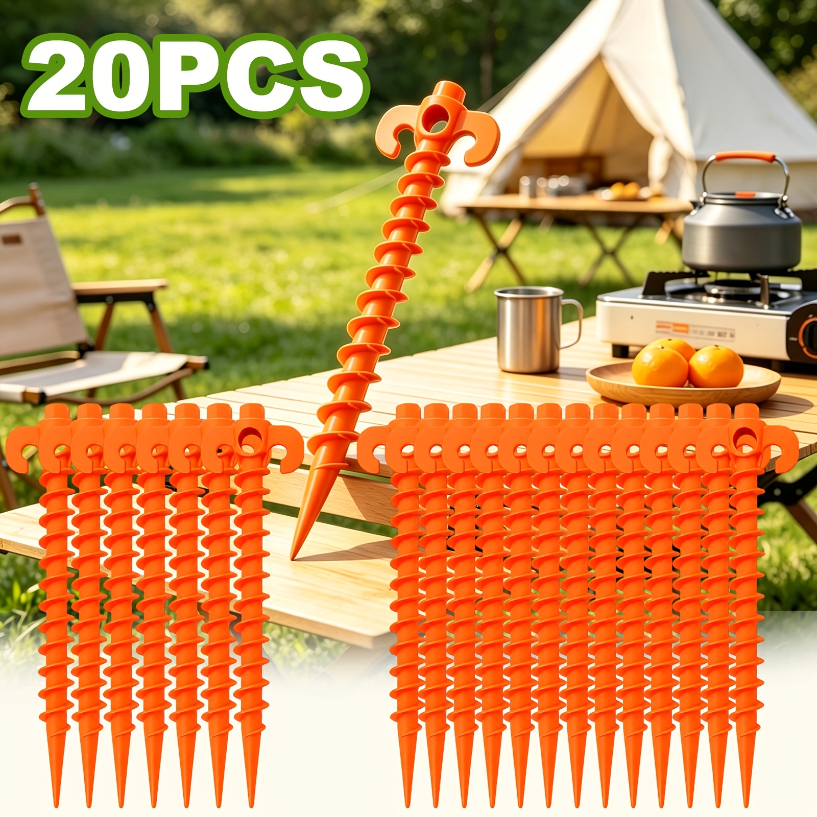 TEMU 20pcs Heavy Duty Spiral Tent Stakes (orange), 20cm/7.9" Screw-in Ground Anchors For Camping Awning & Soil, Plastic Stakes For Trampoline,