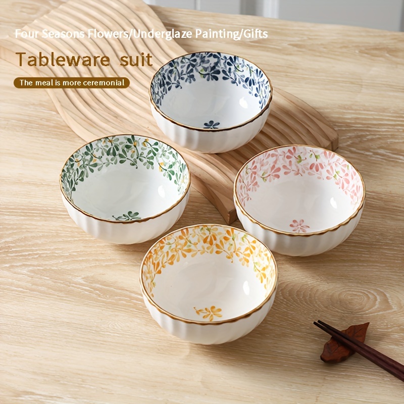 

4-piece Ceramic Bowl Set With Hand-painted Floral Design - Round Flower Pattern Bowls For Dining, Microwave And Oven Safe, Versatile Kitchenware For All Seasons