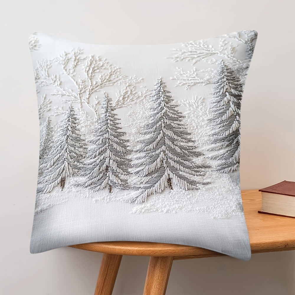 

1pc Elegant Embroidered Trees Plush Pillow Cover - Winter Scene With Snow-covered Trees, Soft Polyester, Zipper Closure, 18x18 Inch For Living Room, Bedroom & Office Decor