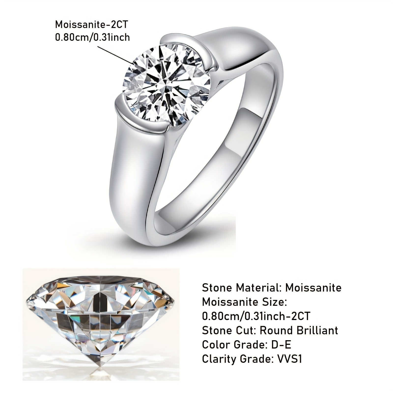 2CT Moissanite Engagement Ring, Classic Design, 925 Sterling Silver