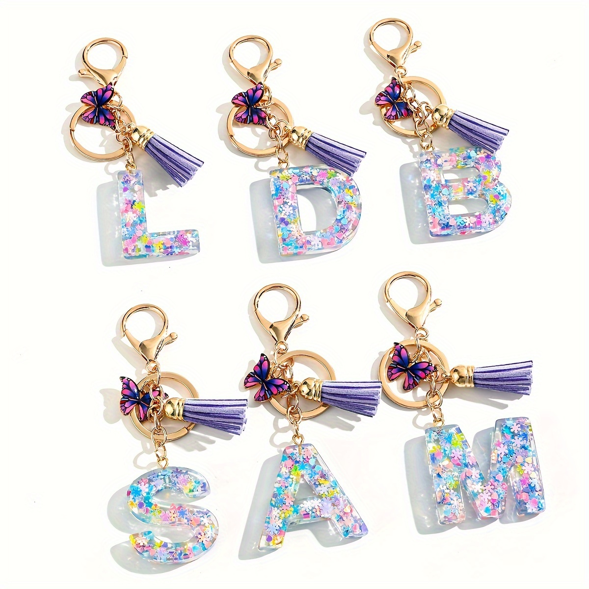 

Customizable Glitter Resin Alphabet Keychain With Butterfly Charm And Tassel, Colorful Sequin Initial Key Ring, Lovely Letter Pendant Accessory, Perfect Gift For Friends