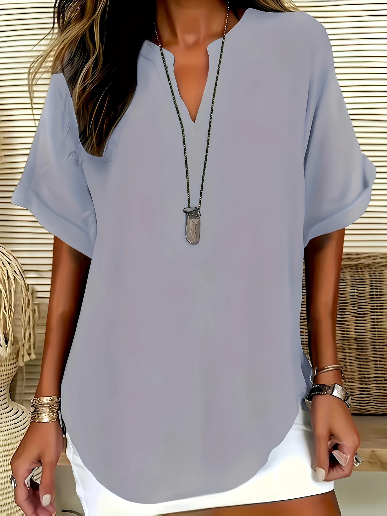 Elegant Plus Size Women'S V-Neck Short Sleeve Blouse - Light Gray, Casual & Stylish for Spring/Summer, Relaxed Fit with Half-Sleeve Design, Casual Wear | Relaxed Fit Top | Stylish Necklin