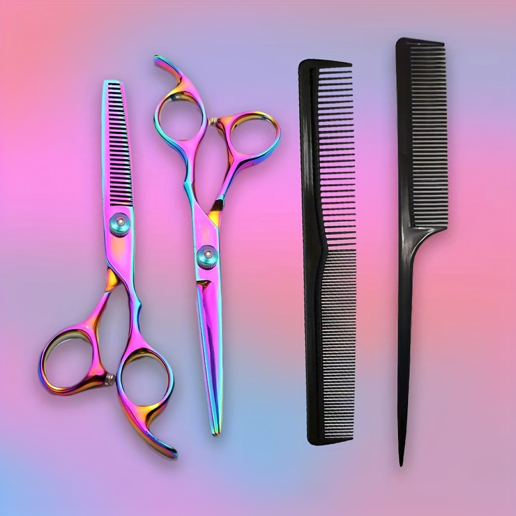 E-shop 4-teiliges Styling-Tool-Set - Bunte Haarschere und Friseurschere, Bunte Glattschere, Zahn-Schere, Ausdünnungs-Schere für Pony, Kamm, Spitzkamm