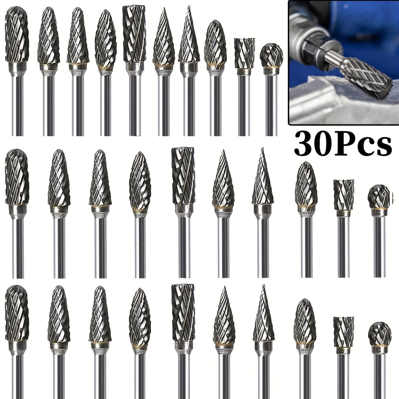 

30pcs - Burr Set, Bit Kit 1/8" Shank For Wood , Metalworking, Engraving, And Polishing