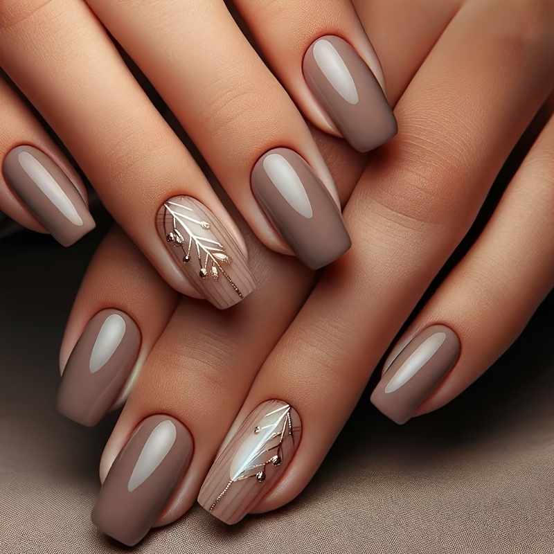 

Améliorez d'Ongles 24pcs Taille Moyenne Carré Automne et Hiver Style Blanchissant Polyvalent Marron Ongle Faux Date Ongle Feuilles & 1 Rouleau & 1 Colle en Gel