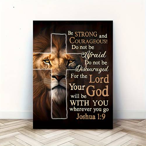 1pc Wooden Framed Canvas Painting, Judah Lion, Joshua 1:9 Be Strong And Courageous, Wall Art Prints for Living Room & Bedroom & Kitchen, Home, Office Decoration, Festival Gift for Her Him29.97*39.88cm