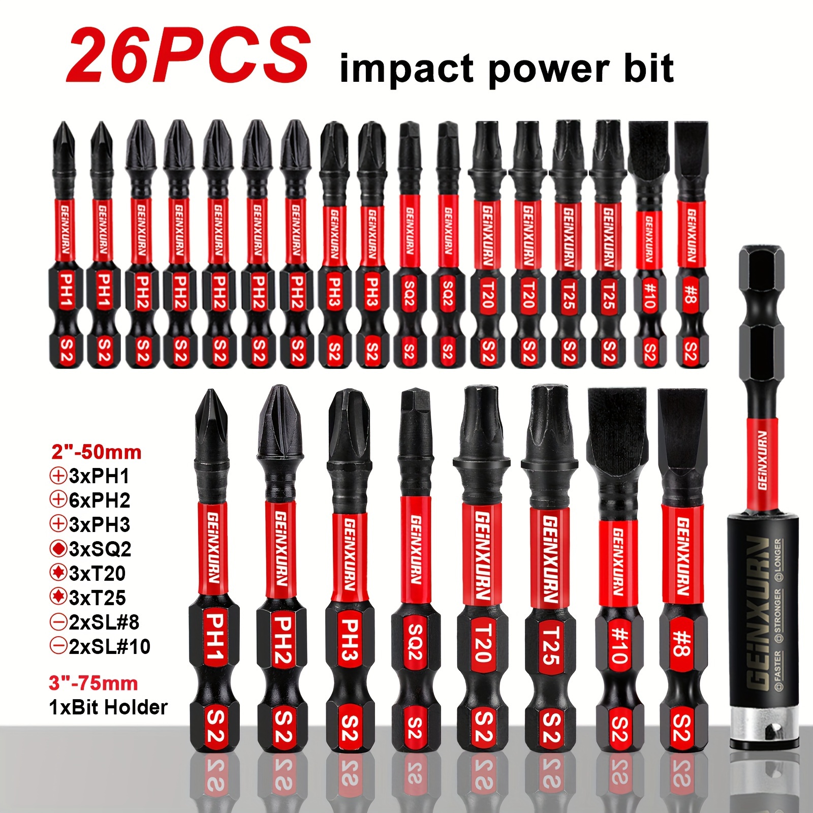 

Geinxurn 26pc Impact Power Bit Set, S2 Steel Hex Shank Screwdriver Bits, Assorted Ph1 Ph2 Ph3 Sl T20 T25 Sq2 Heads, Includes Magnetic Bit Holder, Durable Mixed Drive Kit For Electric Drills