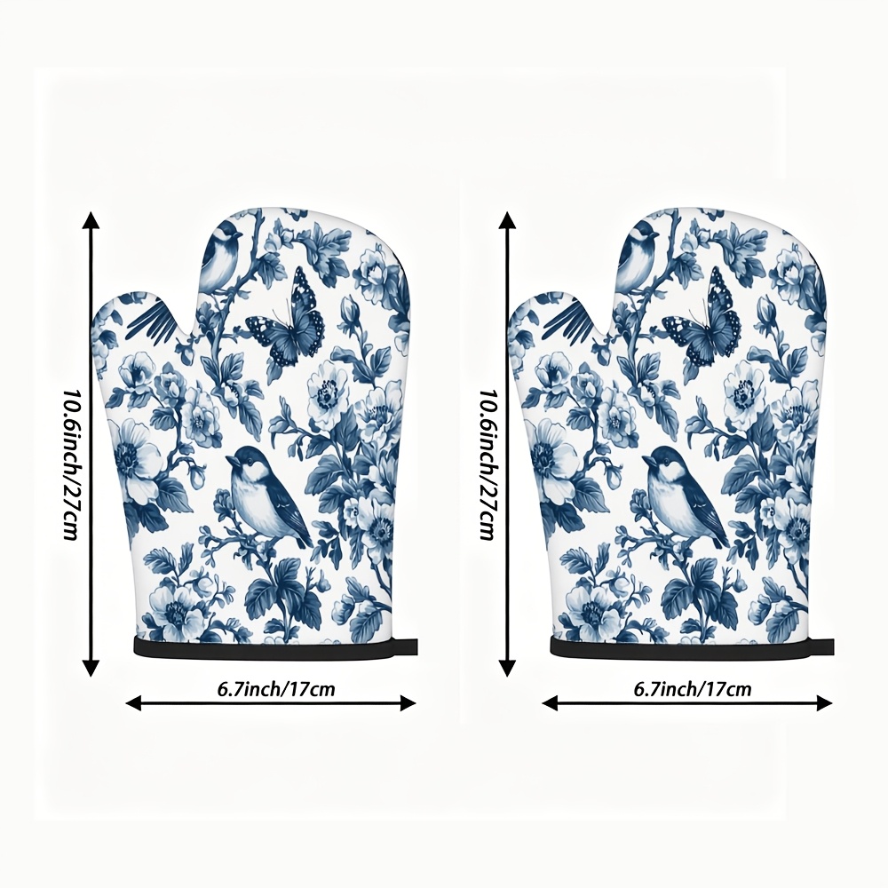 TEMU 1 Set Of 2pcs Kitchen Anti-scald Gloves, Featuring Blue Floral Bird Print Pattern With Black Trim Design, Suitable For Baking, Cooking, Bbq And
