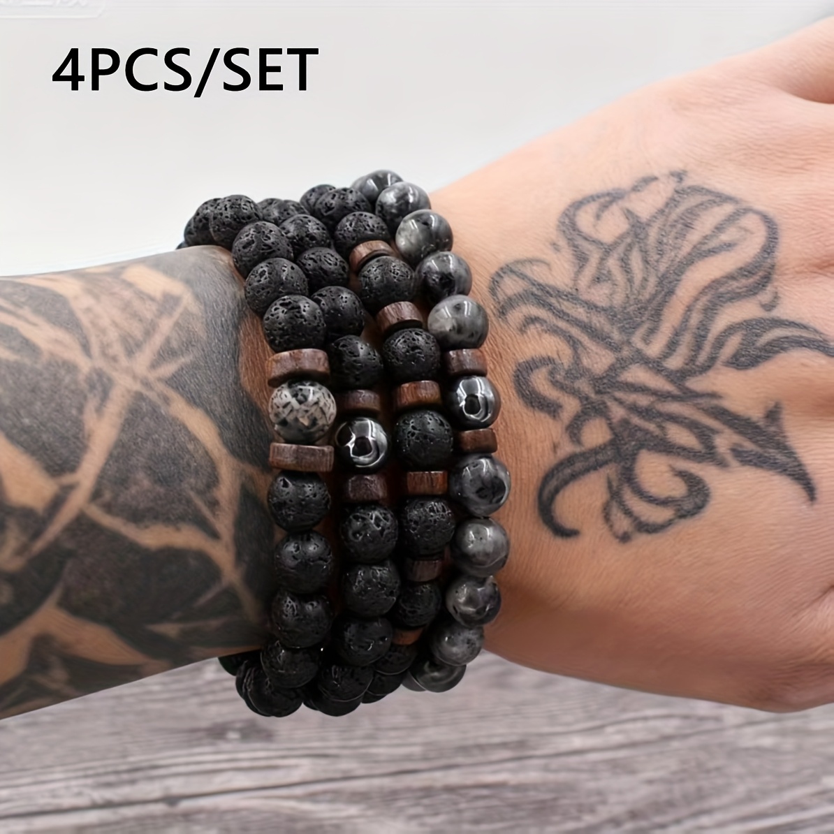 4pcs/set Versatile Punk Style 8mm Natural Stone Beaded Bracelet, Handmade Stretch Bracelet, Suitable For Men' Wear, Boyfriend Gift, Father's Day Gift