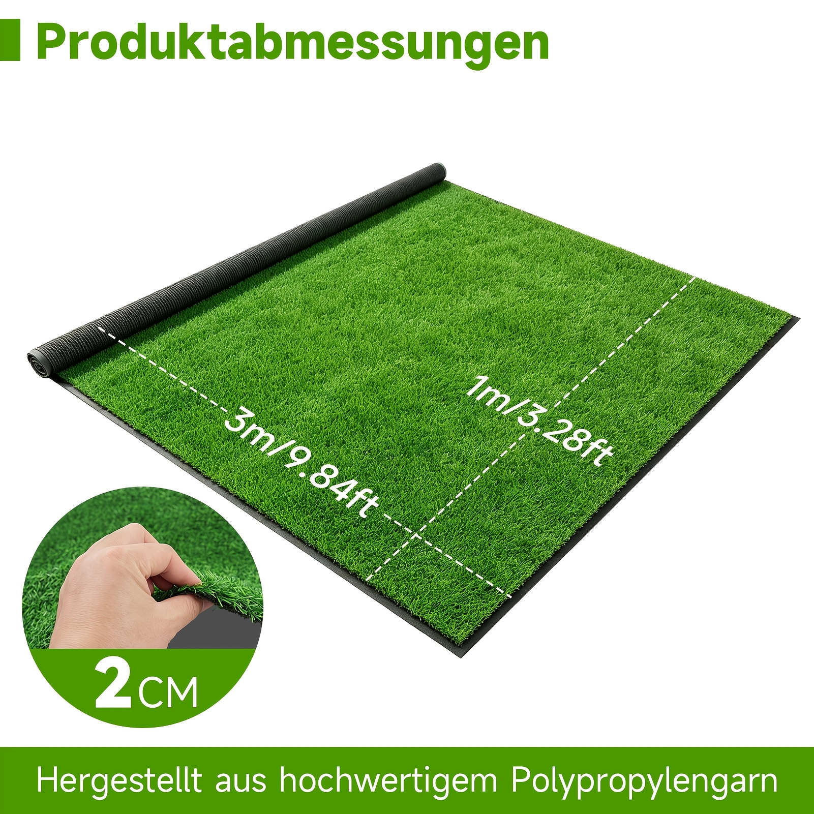 Image of Artificial Grass, 300 X 100 Cm Fake Grass Turf Rug, 2cm Pile Height Realistic Synthetic Lawn Carpet , Easy Clean Drainage Holes For Patio, Garden, Balcony, Outdoor Indoor Decor, Green