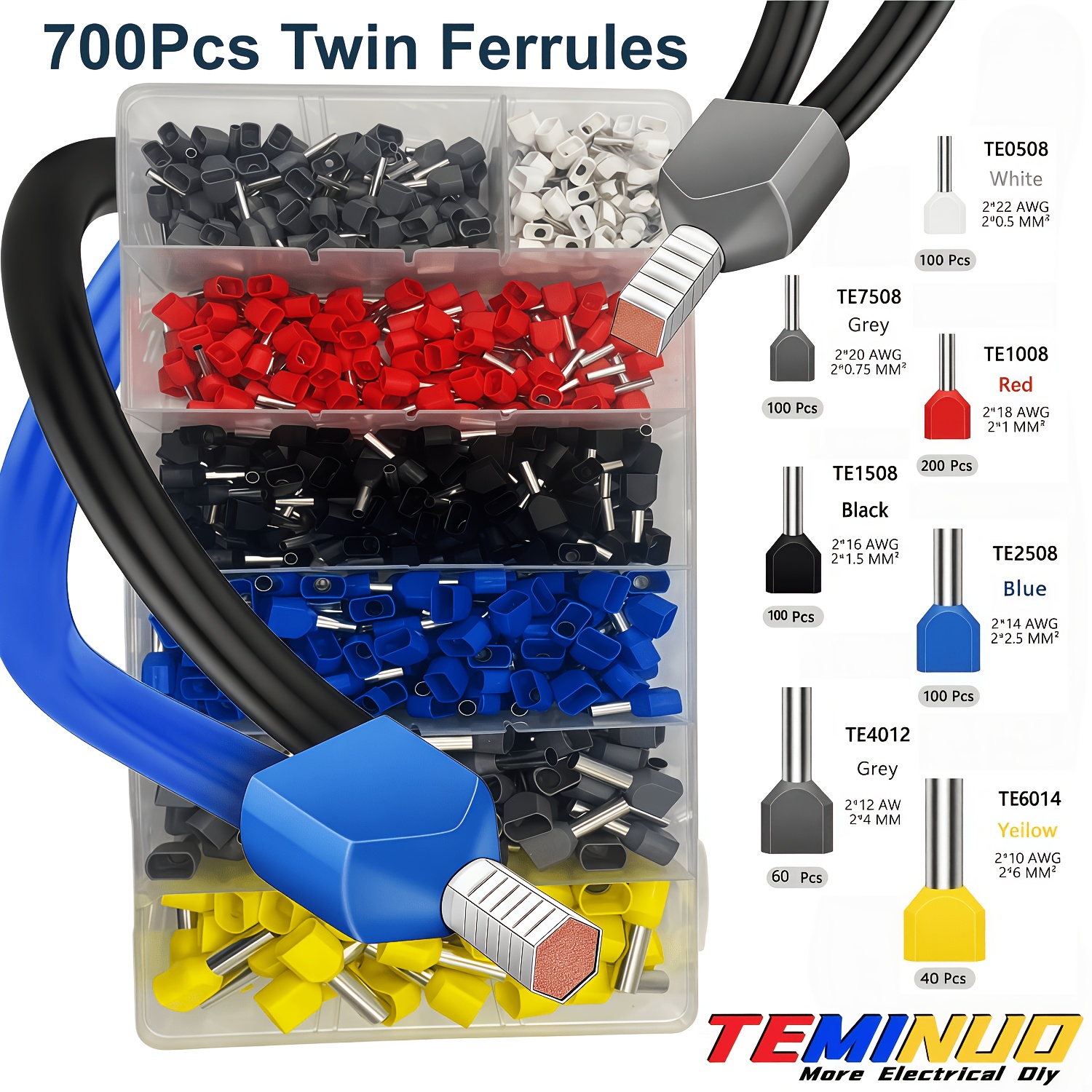 TEMU 200/700pcs Double Wire End Ferrules Terminals, 22-10awg 0.5-6mm² Reliable Twin Wire Connector Pins Electrical For Cable Connectors, Double Pipe