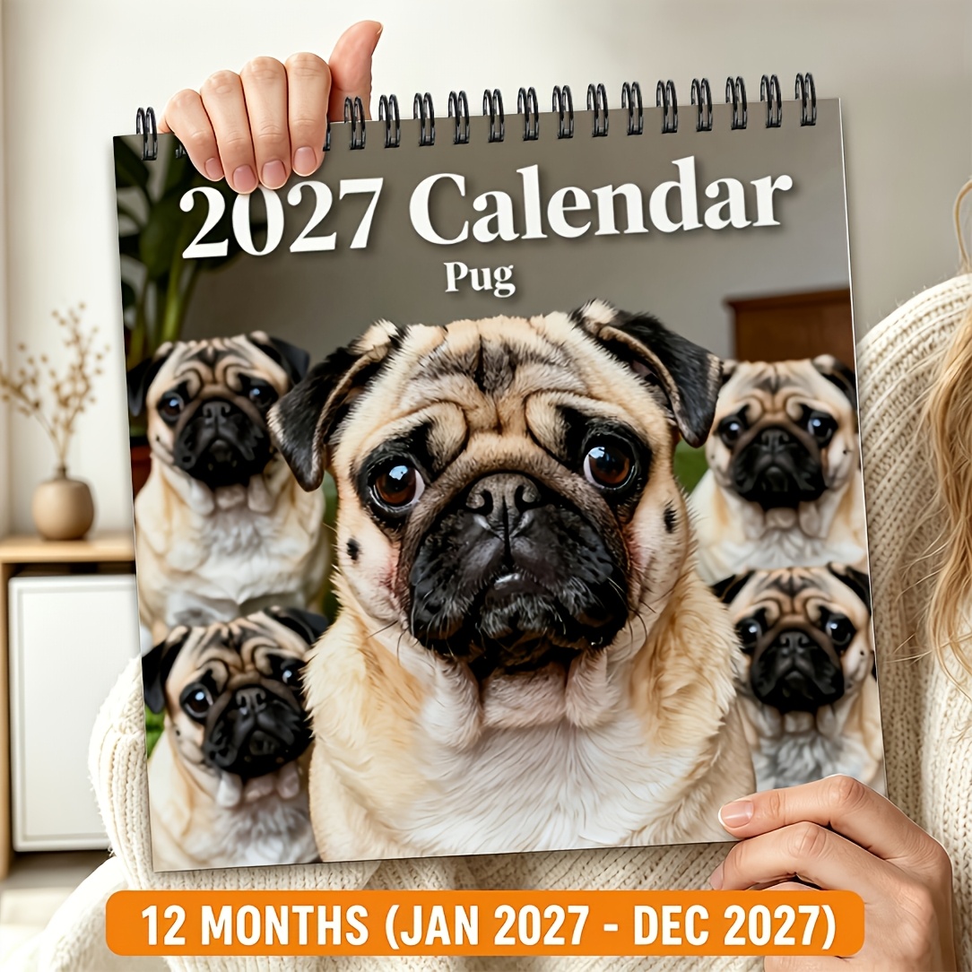 TEMU Calendriers 2D plats 1pc 2027, 2 tailles disponibles, motif groupe de bouledogues, d'animaux de compagnie, Noël An/Halloween, cadeau créatif