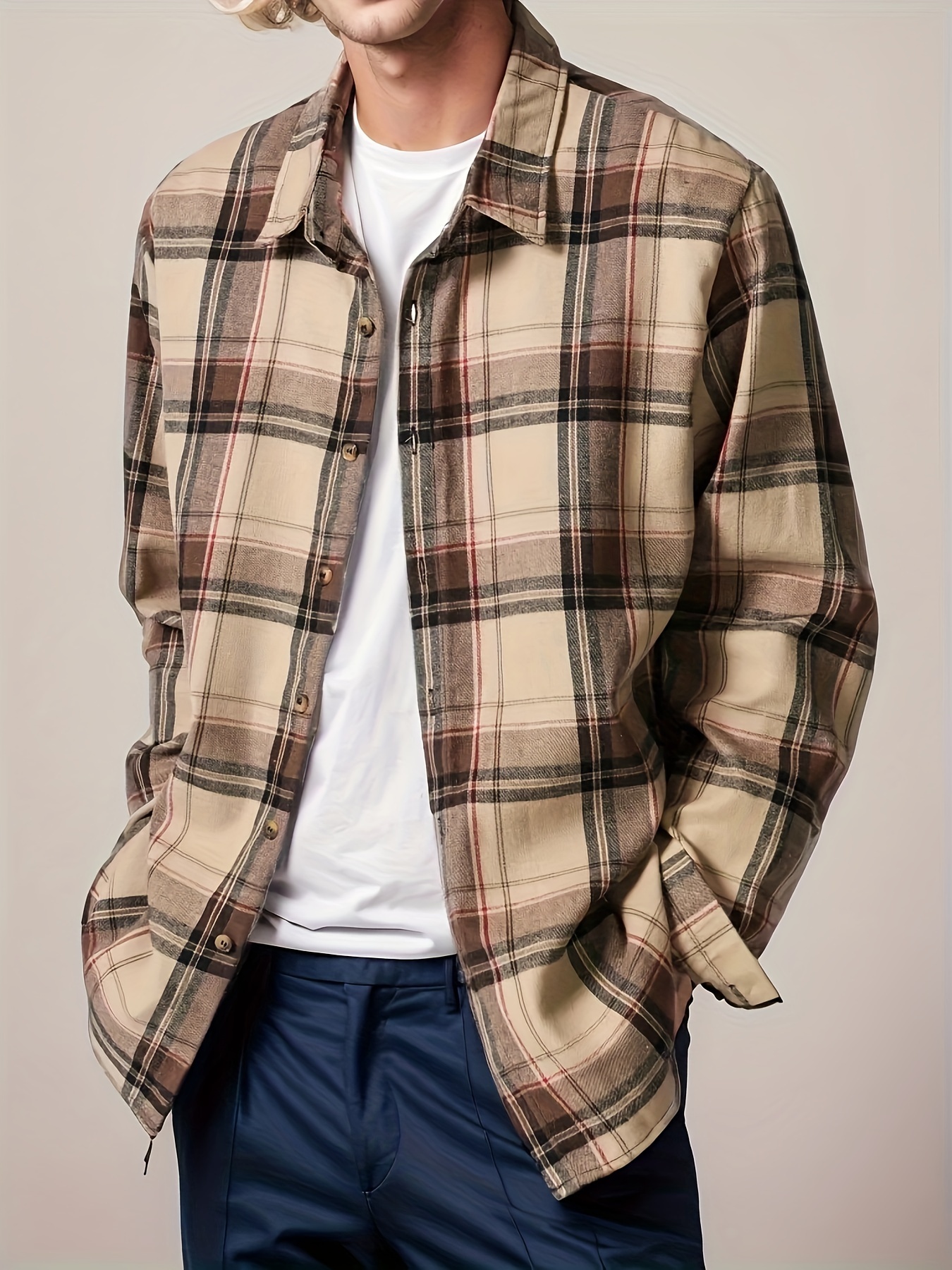 Big Plaid Pattern Men's Fashion Long Sleeve Button Shirt - Temu Canada