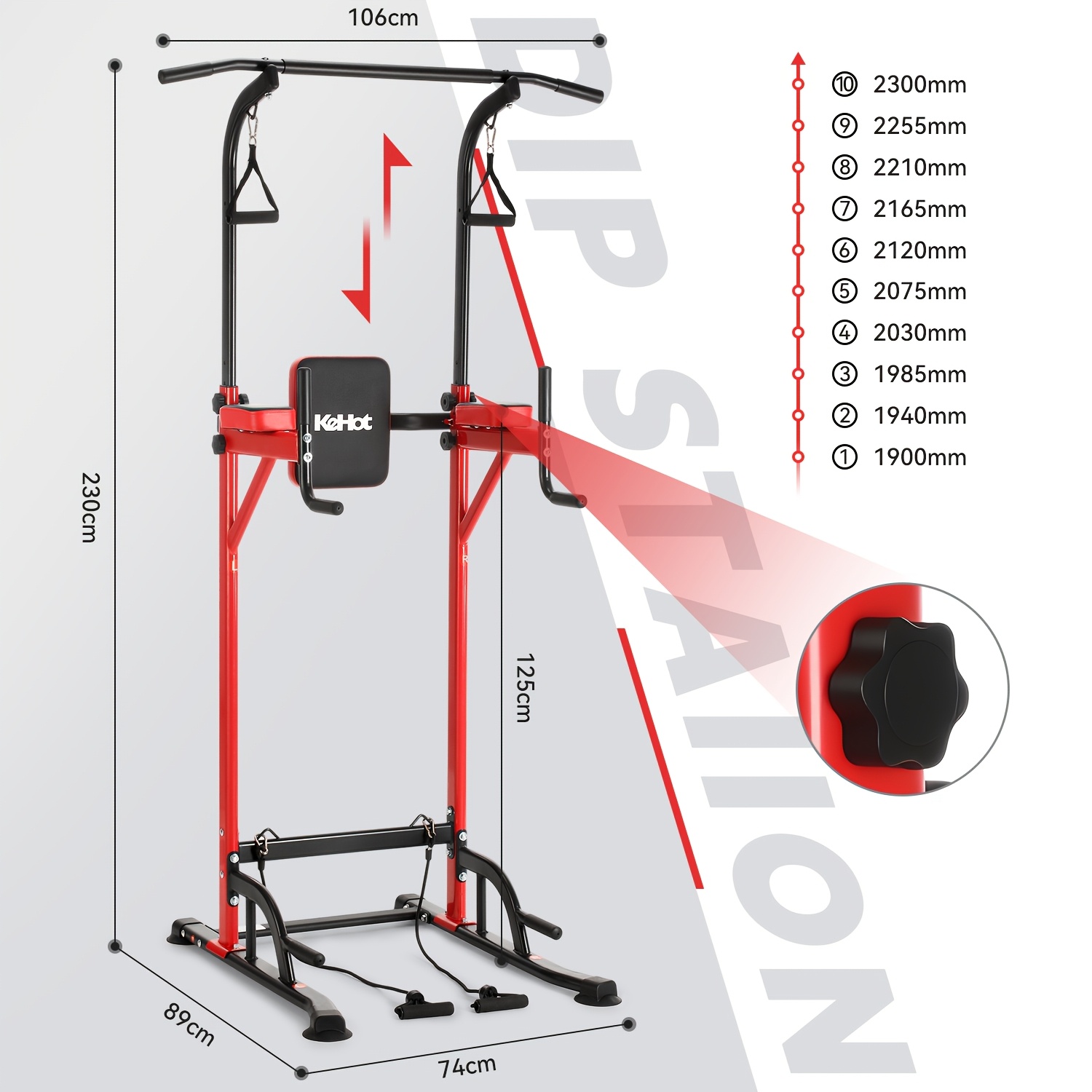 Image of Kehot Pull Up Bar Station Height Adjustable 140-190cm, 10 Level Chin Up Stand With 2 Resistance Bands, Black Gym Strength Training Equipment