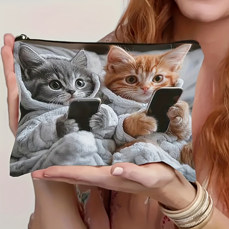 TEMU 1pc Cute Kitten Pattern Durable Makeup Bag, Gift For Sisters, Holiday Present For