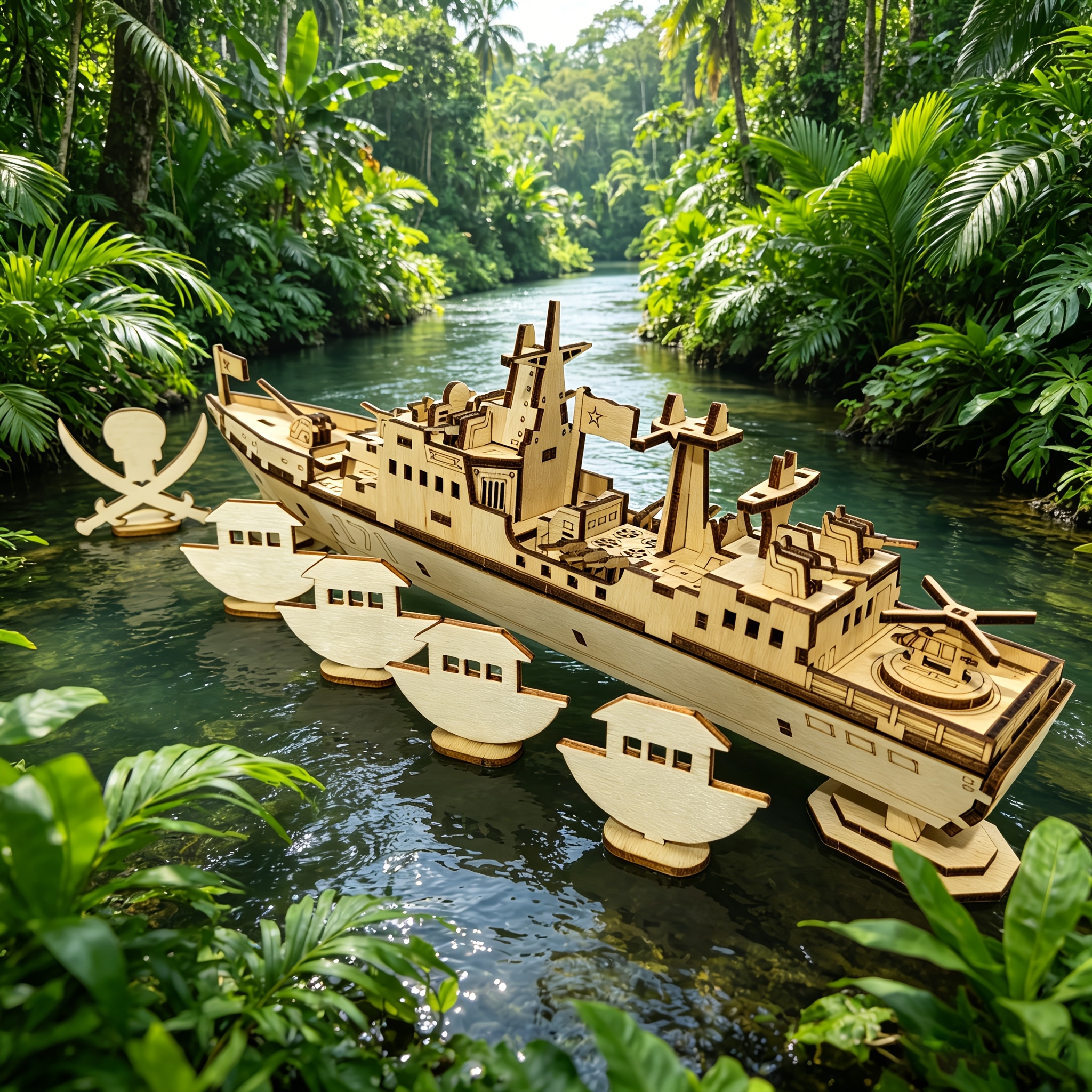3D Wooden Ship Puzzle Assembly Set, Featuring Boat and Pirate Skull Figurines