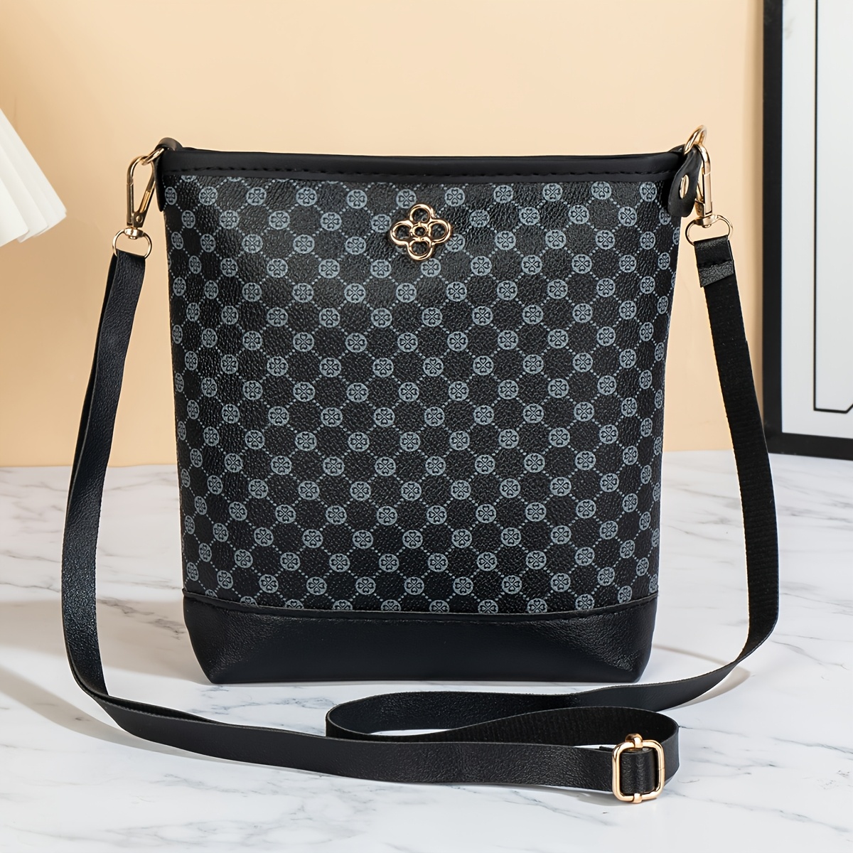 TEMU Retro Geometric Print Bucket Bag, Fashionable All-match Polka Dot Fabric Women's Crossbody Bag, Suitable For Daily , Large Capacity, Adjustable