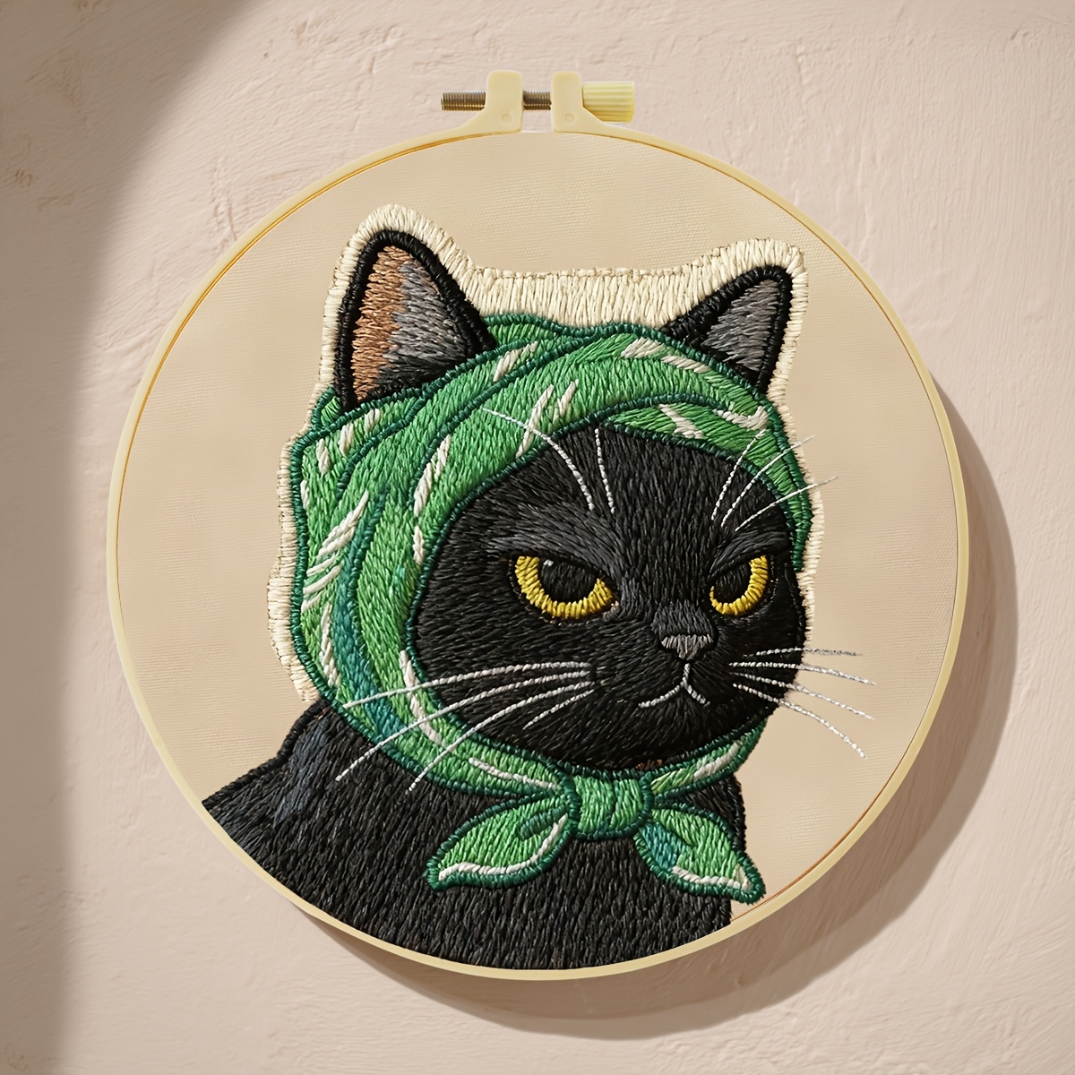 TEMU Embroidery Kit, 20x20cm/7.9x7.9 Inches, Cat Wearing A Headscarf, Handmade Embroidery Kit, Suitable For Adult Beginners, Includes Embroidery