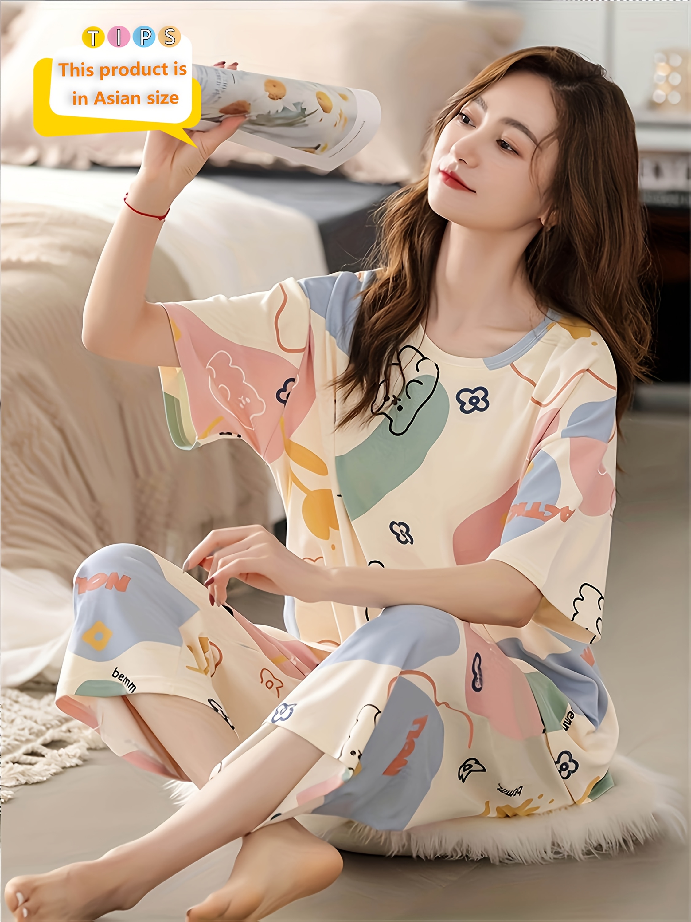 new summer round neck short sleeve capri pants casual loose pajama set womens floral color   print pattern apricot loungewear comfortable 2pcs pajama set