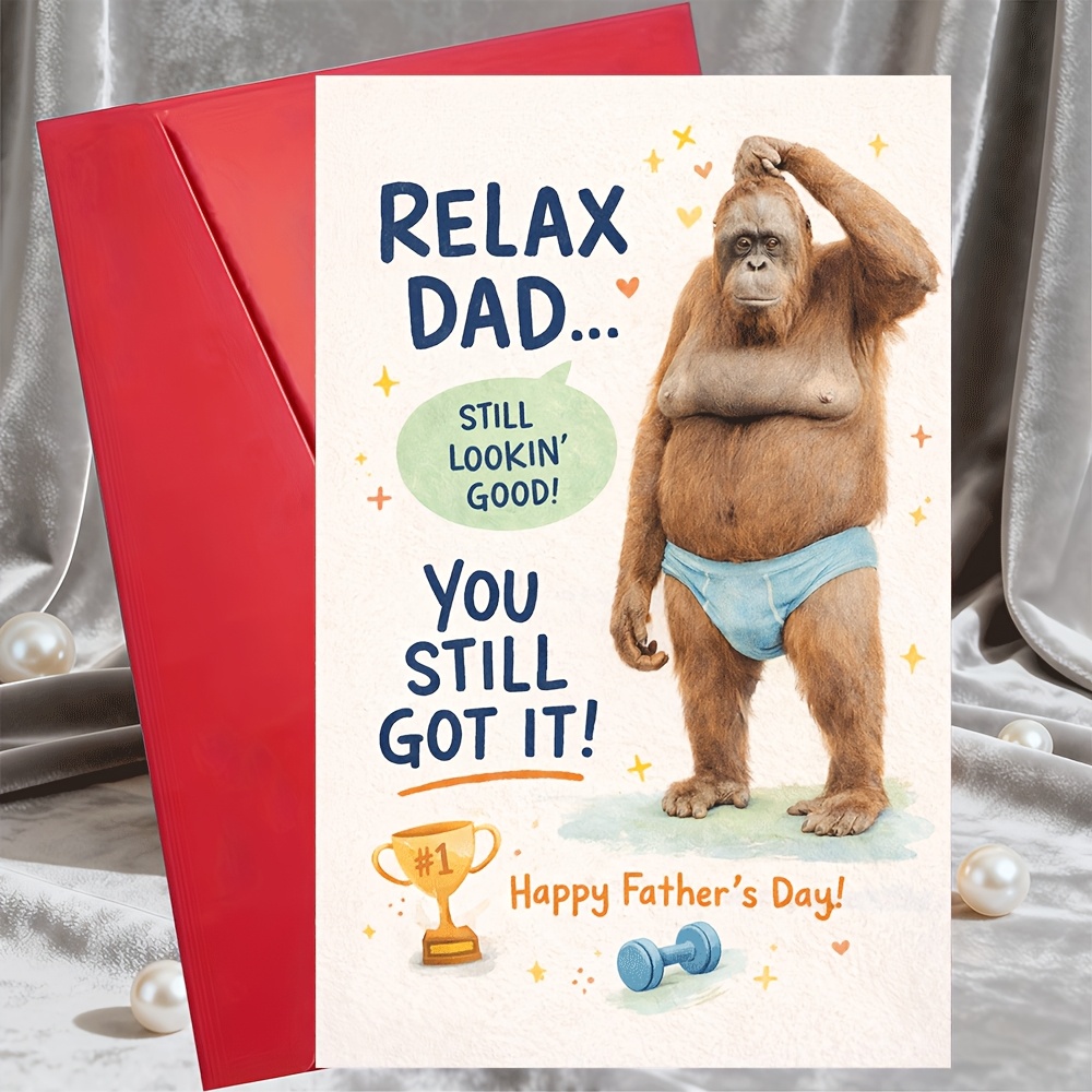 TEMU 1pc Greeting Card And 1pc Envelope Funny Father's Day Card For Dad Relax A Little, You Gorilla Theme From Wife Very Suitable As Father's Day