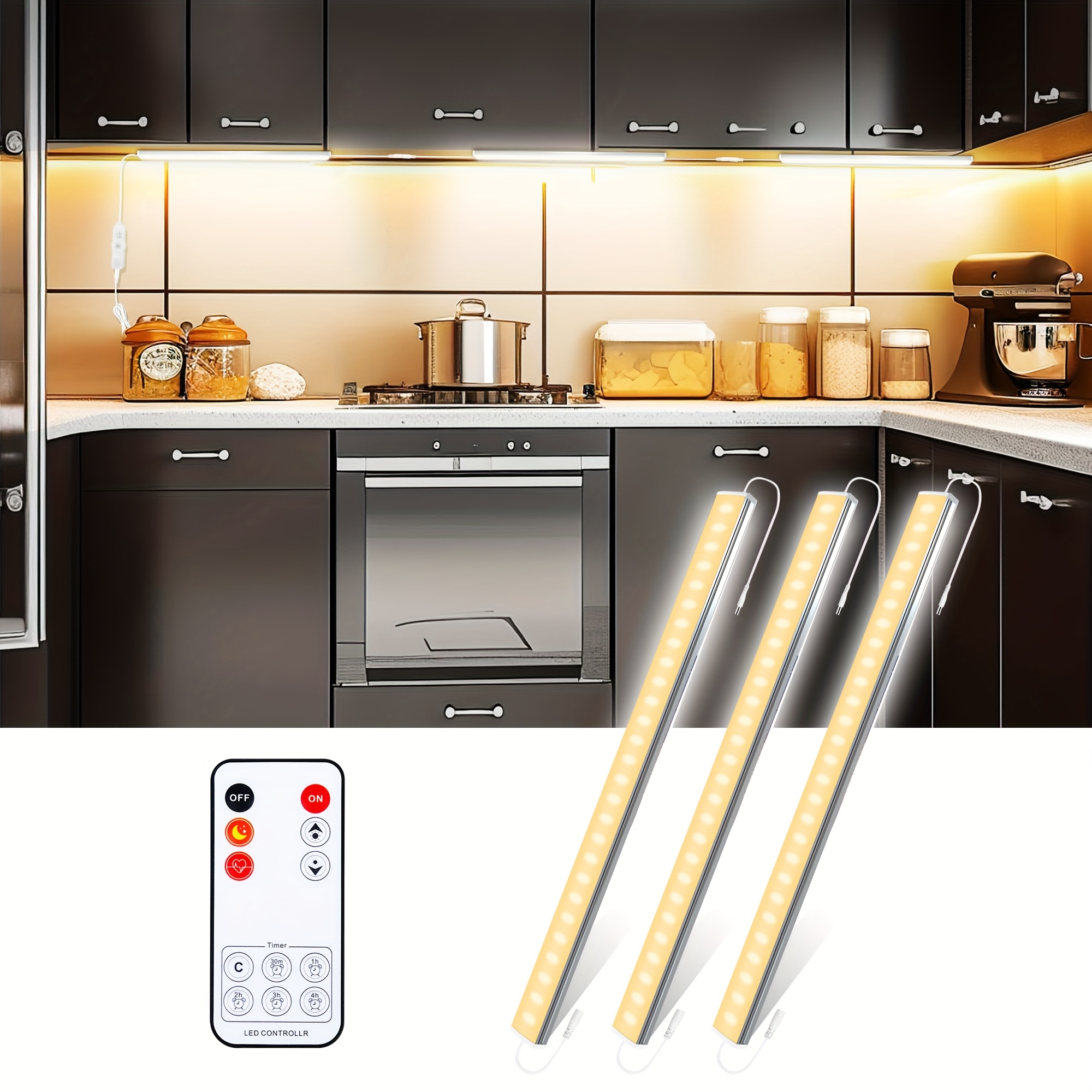 

3 Pcs Under Cabinet Lights Plug In, 12 Inch Ultra Thin Under Cabinet Lighting, Warm White Under Counter Lights For Kitchen, Dimmable Light For Cabinet, Counter, Workbench, Desk