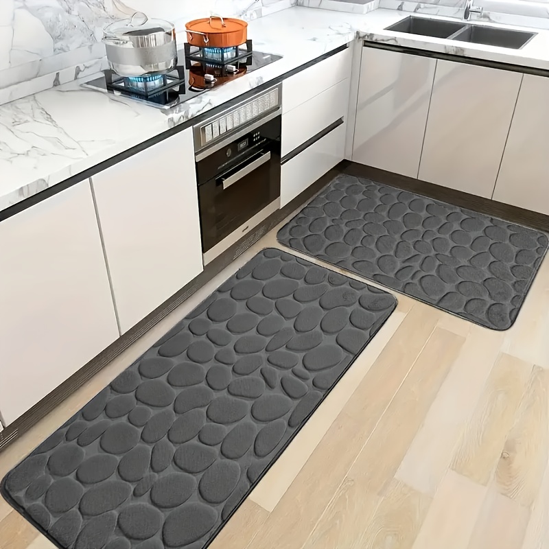 TEMU Tapis de cuisine plat 2D en flanelle 2 pièces à gaufrage pavés, tapis de bain doux antidérapant à séchage rapide, tapis de douche absorbant ,