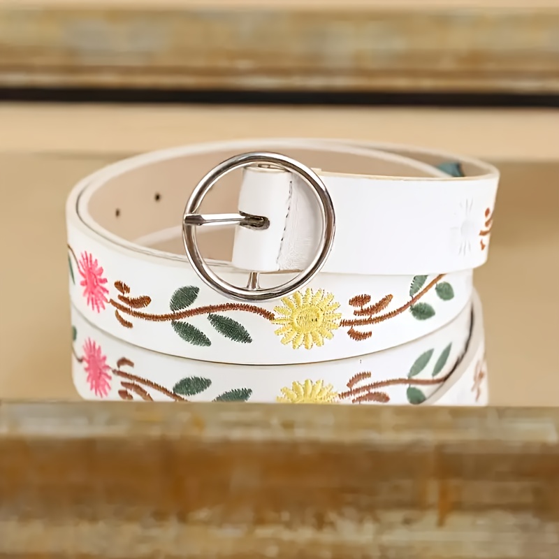 elegant pu belt floral embroidery women white - Temu display picture 2