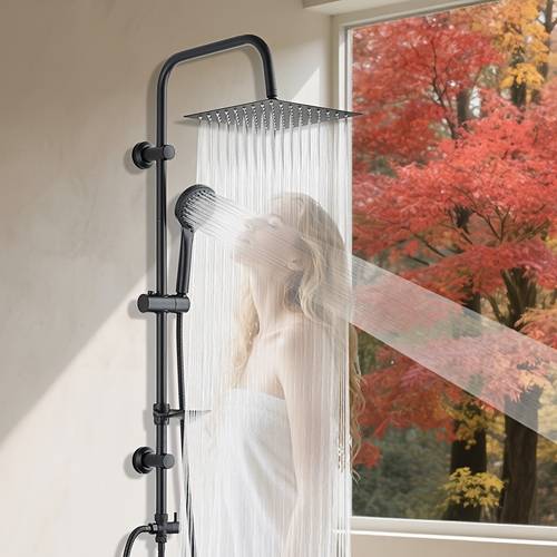 item picture 37 inch shower riser rail combination 8 inch pressurized large shower multi functional hand held shower with shelf soap rack all copper diverter 360 movable shower bracket black and silvery bathroom additions shower set christmas