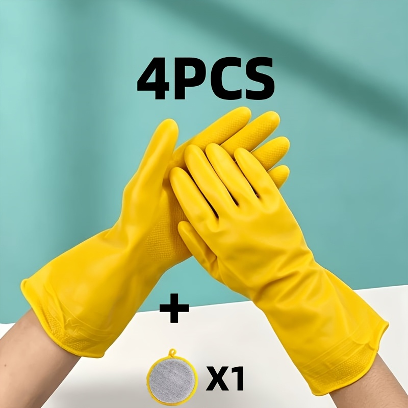 TEMU 5pcs Set: 4 Yellow Dishwashing Gloves + 1 Dish Sponge - Reusable, Comfortable, And Durable, Ideal For Kitchen, Bathroom, And Outdoor Cleaning,