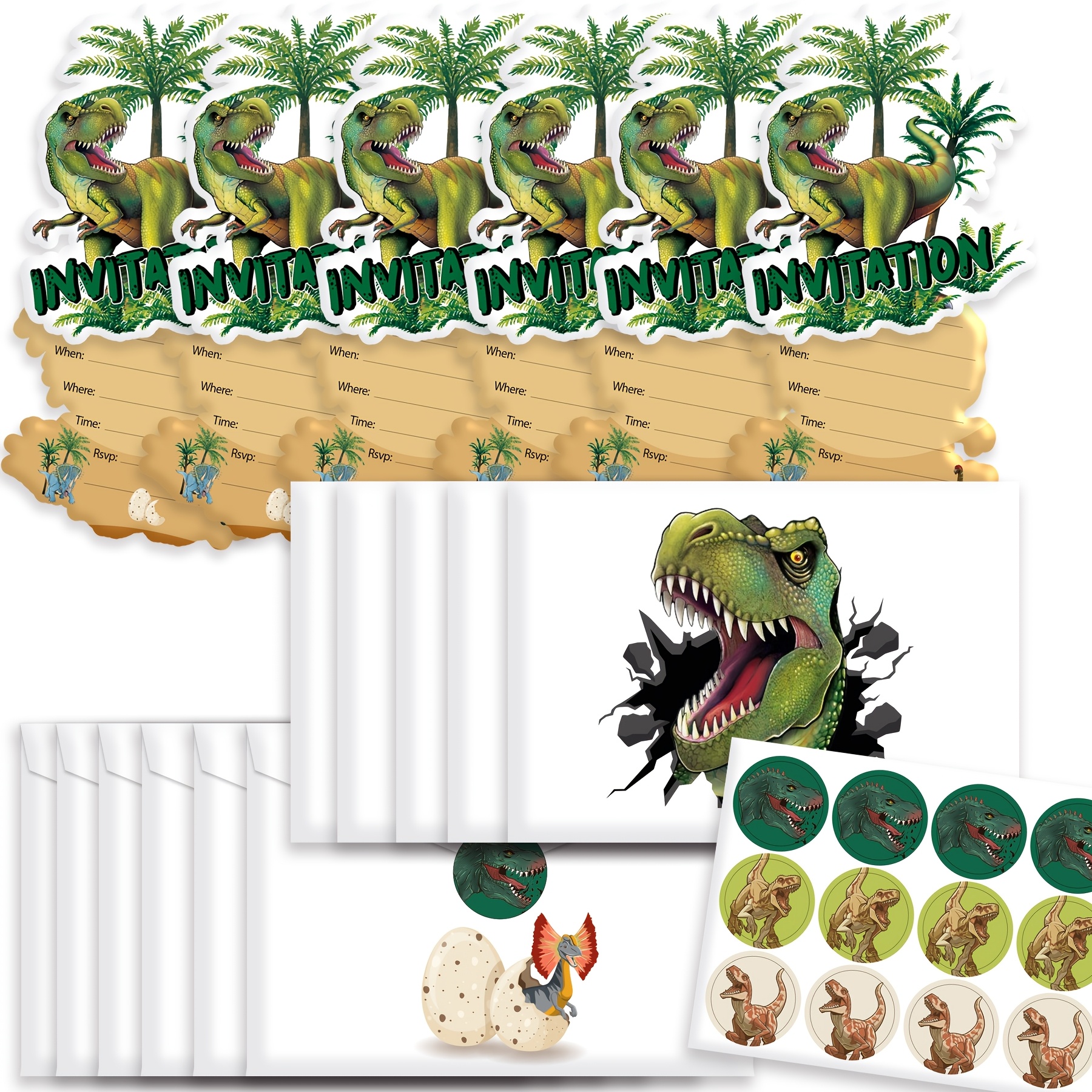 

12-pack Dinosaur Party Invitations Set, Paper Material, Includes 12 Envelopes, 12 Invitation Cards, 12 Stickers, Ideal For Birthday, Wedding, Baby Shower, Dinosaur Theme Events