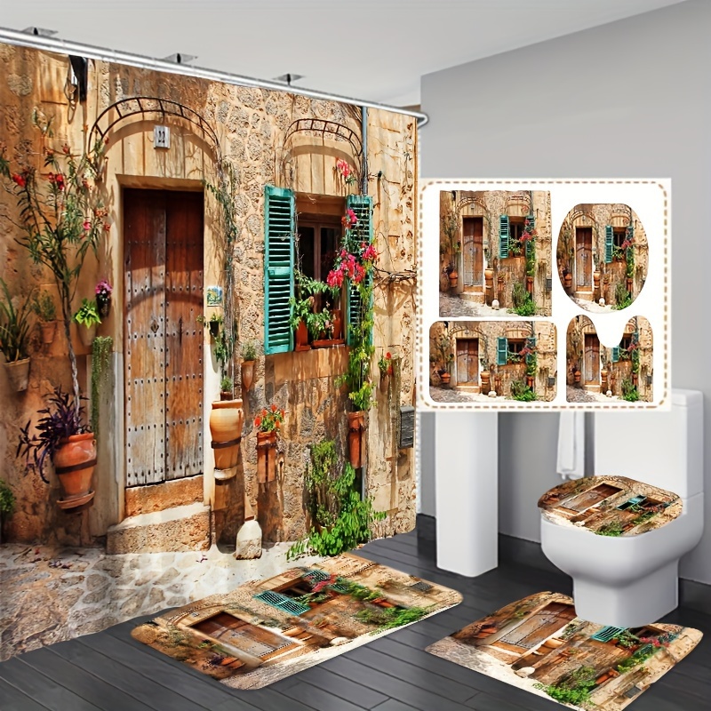 

1/3/4pcs Vintage European Scenery Bath Set, Rustic Door And Window Print Shower Curtain (70.8x70.8 Inches) With 12 Hooks, Toilet Cover, U-shaped Rug, Bath Mat, Bathroom Decor