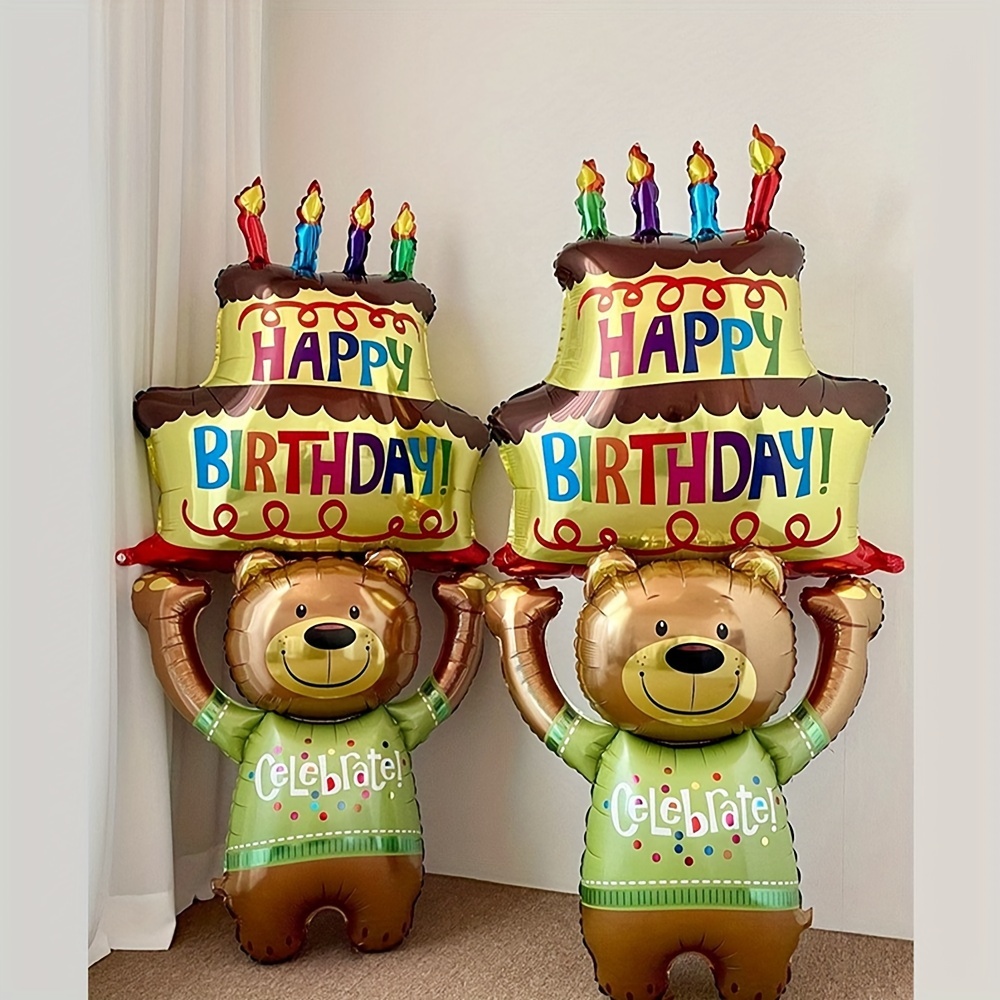 1pc 121.92 Cm Bear Holding Cake Shaped Aluminum Foil Balloon, Birthday Party Decoration, Christmas, Halloween, Thanksgiving Day Gift, Valentine's Day Gift